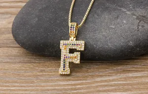 Gold Plated Letter F Pendant Necklace Multicolored Cubic Zirconia Hip Hop Jewelry