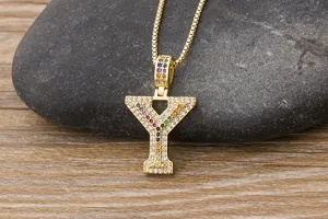 Gold-plated letter Y pendant necklace featuring colorful pavé cubic zirconia stones for women.