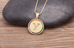 Copper micro-paved zirconia letter Y pendant necklace with colorful stones detail shot.