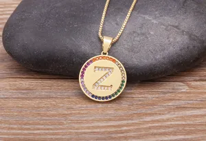 Detailed view of gold-plated copper letter Z pendant necklace with colorful cubic zirconia.