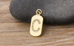 Gold 18K plated initial letter C pendant necklace, sparkling cubic zirconia dog tag jewelry.