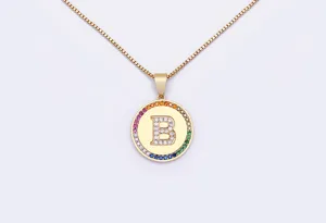 Gold-plated pavé rainbow cubic zirconia letter B pendant necklace with delicate box chain