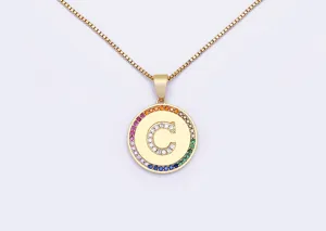 Gold-plated rhinestone letter C pendant necklace, detailed rainbow cubic zirconia circle charm.