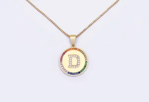 Gold-plated letter D pendant necklace featuring a colorful cubic zirconia halo and box chain.