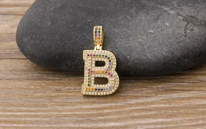 Detailed shot of a stylish colorful zircon letter B pendant, perfect for hip-hop fashion style.