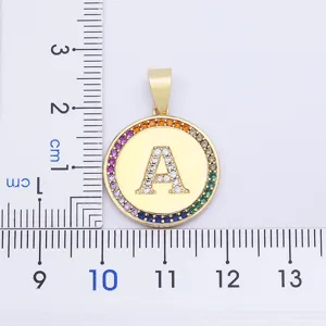 Gold-colored copper micro-paved cubic zirconia letter A pendant necklace with colorful stones.