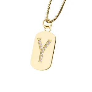 Gold initial Y pendant necklace with sparkling cubic zirconia on a chic box chain jewelry.