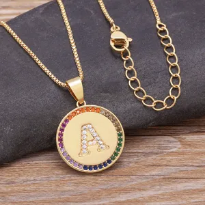 Gold Plated Letter A Pendant Necklace Featuring Colorful Rainbow Zirconia Clavicle Chain