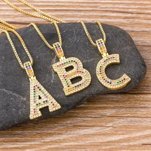 Icy Pave Cubic Zirconia Initial Letter Pendant Necklace Hip Hop Gold Plated Copper Alphabet Jewelry For Men Women