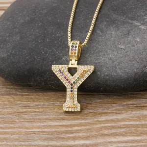 Gold letter Y pendant necklace with colorful cubic zirconia bling hip hop fashion jewelry for unisex