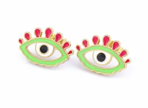 Copper 18k gold plated colorful oil drop evil eye earrings, creative design stud jewelry.