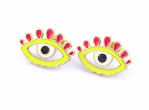 Detailed view of gold plated evil eye enamel stud earrings with vibrant colorful drip oil.