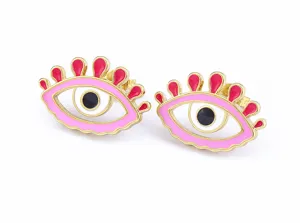 18k gold plated copper evil eye stud earrings with colorful enamel drop design detail view