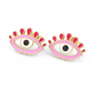 Gold plated evil eye stud earrings with colorful enamel design fashion jewelry main view