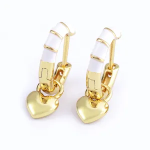 18k gold plated hoop earrings with white enamel stripes and sweet heart charms for women style.