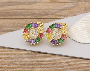 Detailed close-up of colorful crystal letter A stud earrings with sparkling zircon stones.