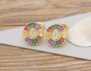 Gold Plated Multi-Color Zircon Letter D Stud Earrings Elegant Fashion Jewelry Close-Up Detail