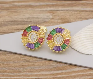 Colorful Zircon Letter G Stud Earrings 18K Gold Plated Fashion Jewelry Detailed View