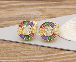 Gold-plated colorful baguette cubic zirconia letter H stud earrings, fashion jewelry for women.