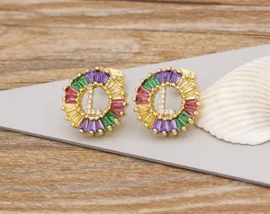 18k gold plated alphabet letter L stud earrings with colorful crystals and sparkling zircons for women