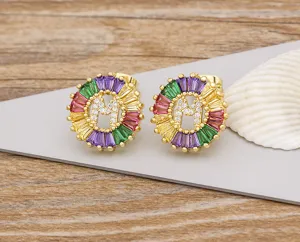 Gold plated colorful crystal zircon letter M stud earrings sparkling gemstone alphabet jewelry
