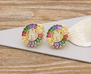 Colorful crystal 26 letter N stud earrings gold plated fashion jewelry for women daily wear