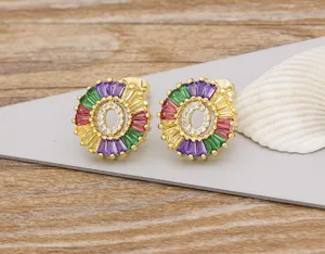 Gold plated colorful crystal letter O stud earrings fashion statement jewelry for women