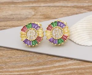 Gold-plated colorful crystal letter R stud earrings fashion rainbow zircon geometric jewelry