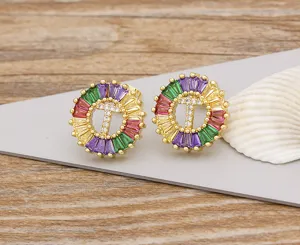 Colorful crystal letter T stud earrings, 18k gold plated copper fashion jewelry for women.