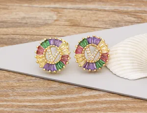 Gold plated colorful crystal letter V stud earrings fashion zircon alphabet jewelry for women