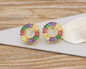 Colorful Zircon Letter Y Stud Earrings 18K Gold Plated Crystal Initial Jewelry for Women