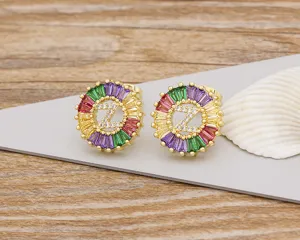 Colorful crystal letter Z stud earrings, 18k gold plated copper fashion jewelry for women.
