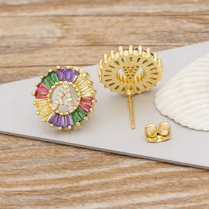 Gold Plated Colorful Crystal Letter A Stud Earrings CZ Fashion Jewelry Women Gift Party