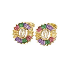 Gold-plated colorful crystal initial D stud earrings, elegant rainbow zirconia jewelry for women.