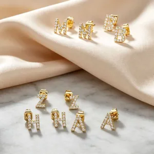 Chic Gold Plated Alloy Alphabet Letter Stud Earrings With Stainless Steel Post Shiny Rhinestone Delicate Initial Cartilage Piercing Jewelry For Men Women