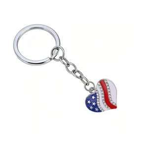 American flag heart metal keychain detail view, rhinestone star keyring pendant accessory.
