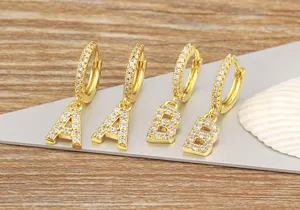 Gold plated initial letter hoop earrings with micro paved cubic zirconia for women chic jewelry