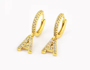 Gold plated letter A hoop earrings with micro paved cubic zirconia stylish jewelry for women