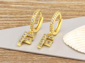 Exquisite 18k gold plated micro-pave cubic zirconia letter F hoop earrings for women fashion.