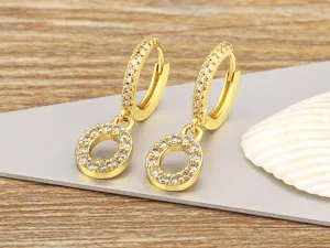 Gold plated 18k zircon letter O hoop earrings, delicate dangling micro pave charm jewelry.