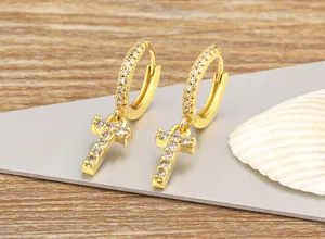 Exquisite 18k gold plated cubic zirconia letter cross hoop drop earrings jewelry detail