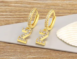 Gold-plated pave zircon letter Z hoop earrings, elegant dangle earrings for women daily wear.