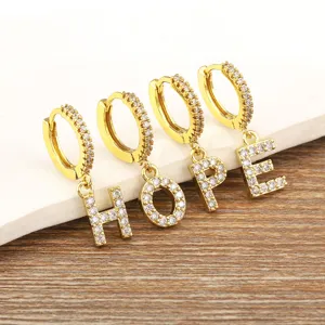 18K Gold Plated Copper Alphabet Initial Hoop Earrings For Women Micro Pave Zirconia Letter Dangle Earrings Delicate Jewelry Gift