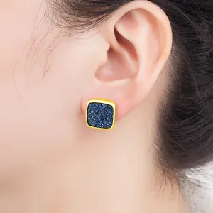 Vintage retro square natural stone earrings elegant gold rim ear studs for women fashion jewelry