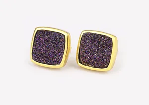 Exquisite details of square gemstone stud earrings, vintage gold-plated designer style.