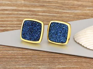 Vintage square gold plated blue druzy stud earrings for women fashion retro jewelry