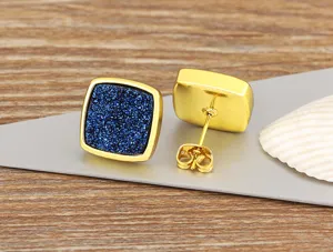 Vintage square blue stone stud earrings gold plated elegant retro geometric jewelry gifts