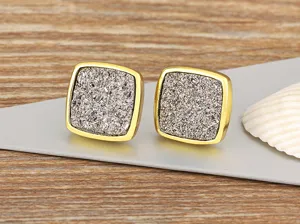 Vintage square stud earrings with sparkling mineral texture, retro gold-tone metal detail.