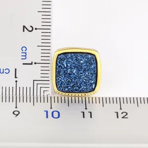 Vintage style square blue druzy stud earrings with gold tone metal frame for women fashion.