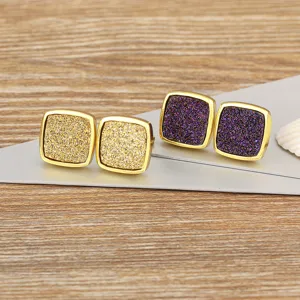 Retro square gold-rimmed stud earrings with sparkling mineral texture, vintage main view.